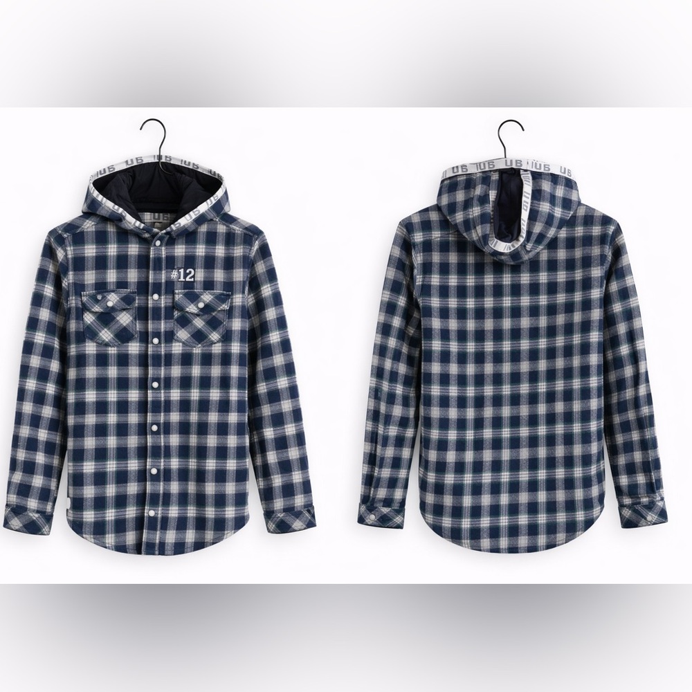UFO Blue and White Plaid Hooded Shirt